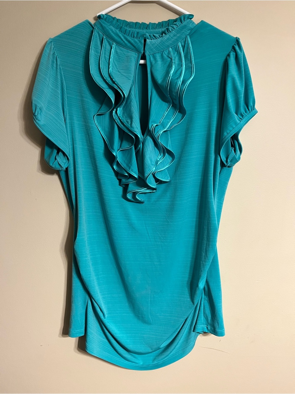 HeartSoul Teal Ruffle-Front Short Sleeve Blouse